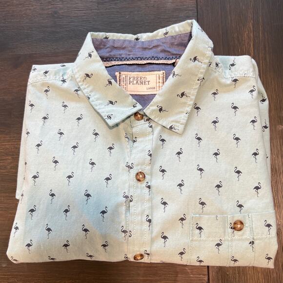 FREE PLANET Aqua Blue Flamingo Short Sleeve Button Down Shirt size Large - Picture 5 of 5